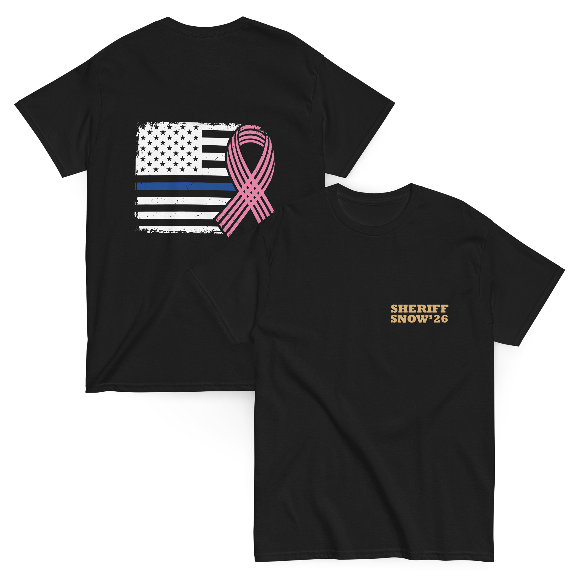 Sheriff Snow '26 Breast Cancer T'shirt - black - front and back